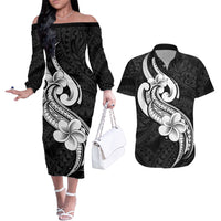 Polynesia Couples Matching Off The Shoulder Long Sleeve Dress and Hawaiian Shirt Plumeria With Tribal Pattern Black Vibes - Wonder Print Shop