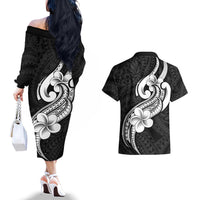Polynesia Couples Matching Off The Shoulder Long Sleeve Dress and Hawaiian Shirt Plumeria With Tribal Pattern Black Vibes - Wonder Print Shop