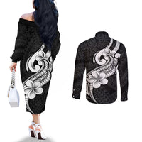 polynesia-couples-matching-off-the-shoulder-long-sleeve-dress-and-long-sleeve-button-shirts-plumeria-with-tribal-pattern-black-vibes