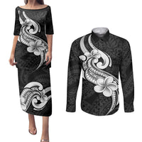 Polynesia Couples Matching Puletasi Dress and Long Sleeve Button Shirts Plumeria With Tribal Pattern Black Vibes - Wonder Print Shop