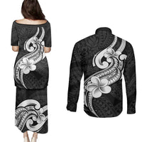 Polynesia Couples Matching Puletasi Dress and Long Sleeve Button Shirts Plumeria With Tribal Pattern Black Vibes - Wonder Print Shop