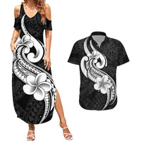 Polynesia Couples Matching Summer Maxi Dress and Hawaiian Shirt Plumeria With Tribal Pattern Black Vibes - Wonder Print Shop