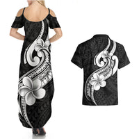 Polynesia Couples Matching Summer Maxi Dress and Hawaiian Shirt Plumeria With Tribal Pattern Black Vibes - Wonder Print Shop