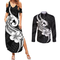 Polynesia Couples Matching Summer Maxi Dress and Long Sleeve Button Shirts Plumeria With Tribal Pattern Black Vibes - Wonder Print Shop
