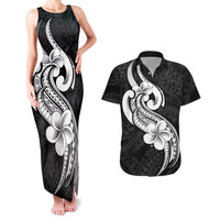 Polynesia Couples Matching Tank Maxi Dress and Hawaiian Shirt Plumeria With Tribal Pattern Black Vibes - Wonder Print Shop
