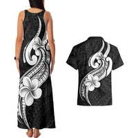 Polynesia Couples Matching Tank Maxi Dress and Hawaiian Shirt Plumeria With Tribal Pattern Black Vibes - Wonder Print Shop