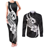 Polynesia Couples Matching Tank Maxi Dress and Long Sleeve Button Shirts Plumeria With Tribal Pattern Black Vibes - Wonder Print Shop