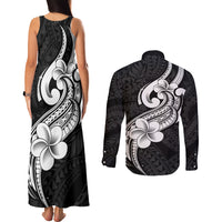 Polynesia Couples Matching Tank Maxi Dress and Long Sleeve Button Shirts Plumeria With Tribal Pattern Black Vibes - Wonder Print Shop