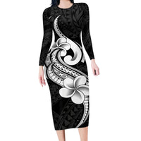 Polynesia Long Sleeve Bodycon Dress Plumeria With Tribal Pattern Black Vibes - Wonder Print Shop