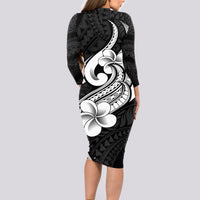 Polynesia Long Sleeve Bodycon Dress Plumeria With Tribal Pattern Black Vibes - Wonder Print Shop
