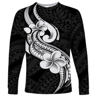 Polynesia Long Sleeve Shirt Plumeria With Tribal Pattern Black Vibes - Wonder Print Shop