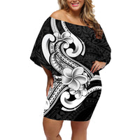 Polynesia Off Shoulder Short Dress Plumeria With Tribal Pattern Black Vibes - Wonder Print Shop