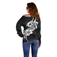 Polynesia Off Shoulder Sweater Plumeria With Tribal Pattern Black Vibes - Wonder Print Shop