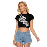Polynesia Raglan Cropped T Shirt Plumeria With Tribal Pattern Black Vibes - Wonder Print Shop