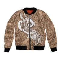 Polynesia Bomber Jacket Plumeria With Tribal Pattern Brown Pastel Vibes - Wonder Print Shop