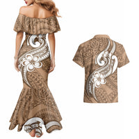 Polynesia Couples Matching Mermaid Dress and Hawaiian Shirt Plumeria With Tribal Pattern Brown Pastel Vibes - Wonder Print Shop