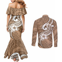 polynesia-couples-matching-mermaid-dress-and-long-sleeve-button-shirts-plumeria-with-tribal-pattern-brown-pastel-vibes