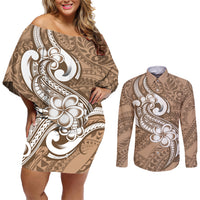 Polynesia Couples Matching Off Shoulder Short Dress and Long Sleeve Button Shirts Plumeria With Tribal Pattern Brown Pastel Vibes - Wonder Print Shop