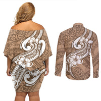Polynesia Couples Matching Off Shoulder Short Dress and Long Sleeve Button Shirts Plumeria With Tribal Pattern Brown Pastel Vibes - Wonder Print Shop