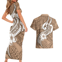 Polynesia Couples Matching Short Sleeve Bodycon Dress and Hawaiian Shirt Plumeria With Tribal Pattern Brown Pastel Vibes - Wonder Print Shop