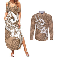 Polynesia Couples Matching Summer Maxi Dress and Long Sleeve Button Shirts Plumeria With Tribal Pattern Brown Pastel Vibes - Wonder Print Shop