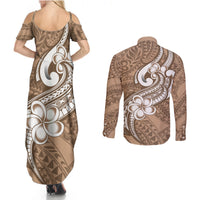 Polynesia Couples Matching Summer Maxi Dress and Long Sleeve Button Shirts Plumeria With Tribal Pattern Brown Pastel Vibes - Wonder Print Shop