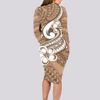 Polynesia Long Sleeve Bodycon Dress Plumeria With Tribal Pattern Brown Pastel Vibes - Wonder Print Shop
