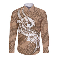 Polynesia Long Sleeve Button Shirt Plumeria With Tribal Pattern Brown Pastel Vibes - Wonder Print Shop