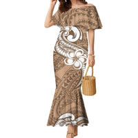 Women's mermaid dress, off-shoulder short sleeves, brown tribal print with floral motifs