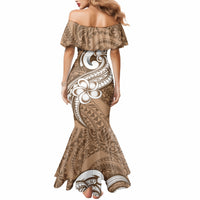 Women's mermaid dress, off-shoulder back, brown tribal pattern with large centered motifs