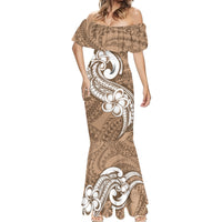 Women's mermaid dress, off-shoulder neckline, brown ornate tribal print, flared hem