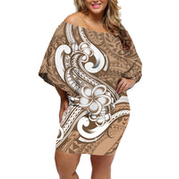 Polynesia Off Shoulder Short Dress Plumeria With Tribal Pattern Brown Pastel Vibes - Wonder Print Shop