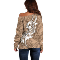 Polynesia Off Shoulder Sweater Plumeria With Tribal Pattern Brown Pastel Vibes - Wonder Print Shop
