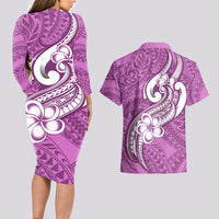 Polynesia Couples Matching Long Sleeve Bodycon Dress and Hawaiian Shirt Plumeria With Tribal Pattern Pink Pastel Vibes - Wonder Print Shop