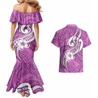 Polynesia Couples Matching Mermaid Dress and Hawaiian Shirt Plumeria With Tribal Pattern Pink Pastel Vibes - Wonder Print Shop