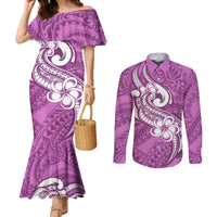 polynesia-couples-matching-mermaid-dress-and-long-sleeve-button-shirts-plumeria-with-tribal-pattern-pink-pastel-vibes