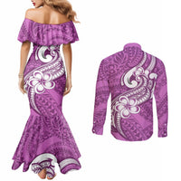 polynesia-couples-matching-mermaid-dress-and-long-sleeve-button-shirts-plumeria-with-tribal-pattern-pink-pastel-vibes