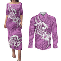 Polynesia Couples Matching Puletasi Dress and Long Sleeve Button Shirts Plumeria With Tribal Pattern Pink Pastel Vibes - Wonder Print Shop