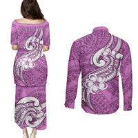 Polynesia Couples Matching Puletasi Dress and Long Sleeve Button Shirts Plumeria With Tribal Pattern Pink Pastel Vibes - Wonder Print Shop