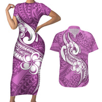 Polynesia Couples Matching Short Sleeve Bodycon Dress and Hawaiian Shirt Plumeria With Tribal Pattern Pink Pastel Vibes - Wonder Print Shop