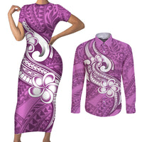 Polynesia Couples Matching Short Sleeve Bodycon Dress and Long Sleeve Button Shirts Plumeria With Tribal Pattern Pink Pastel Vibes - Wonder Print Shop