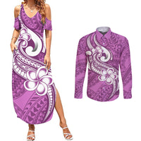Polynesia Couples Matching Summer Maxi Dress and Long Sleeve Button Shirts Plumeria With Tribal Pattern Pink Pastel Vibes - Wonder Print Shop