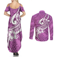 Polynesia Couples Matching Summer Maxi Dress and Long Sleeve Button Shirts Plumeria With Tribal Pattern Pink Pastel Vibes - Wonder Print Shop