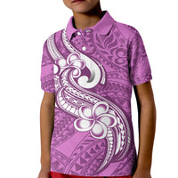Kids purple polo shirt with white floral and tribal pattern, short sleeves, button placket