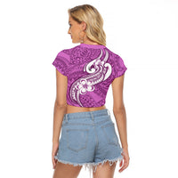 Polynesia Raglan Cropped T Shirt Plumeria With Tribal Pattern Pink Pastel Vibes - Wonder Print Shop