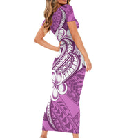 Polynesia Short Sleeve Bodycon Dress Plumeria With Tribal Pattern Pink Pastel Vibes - Wonder Print Shop