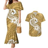 Polynesia Couples Matching Mermaid Dress and Hawaiian Shirt Plumeria With Tribal Pattern Yellow Pastel Vibes - Wonder Print Shop