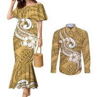 polynesia-couples-matching-mermaid-dress-and-long-sleeve-button-shirts-plumeria-with-tribal-pattern-yellow-pastel-vibes