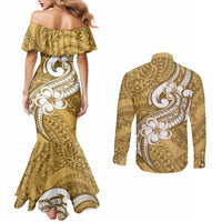 polynesia-couples-matching-mermaid-dress-and-long-sleeve-button-shirts-plumeria-with-tribal-pattern-yellow-pastel-vibes