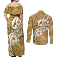 Polynesia Couples Matching Off Shoulder Maxi Dress and Long Sleeve Button Shirts Plumeria With Tribal Pattern Yellow Pastel Vibes - Wonder Print Shop
